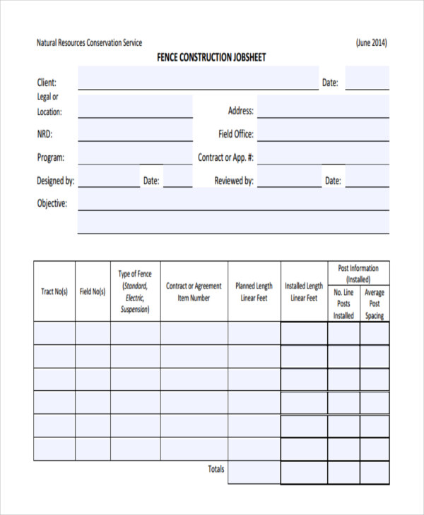 Contractor Job Sheet Template