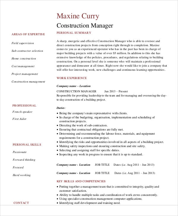 construction manager work resume