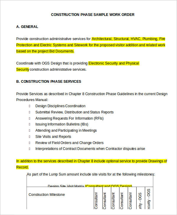 construction phase work order sample