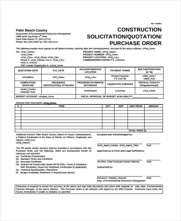 construction purchase order example