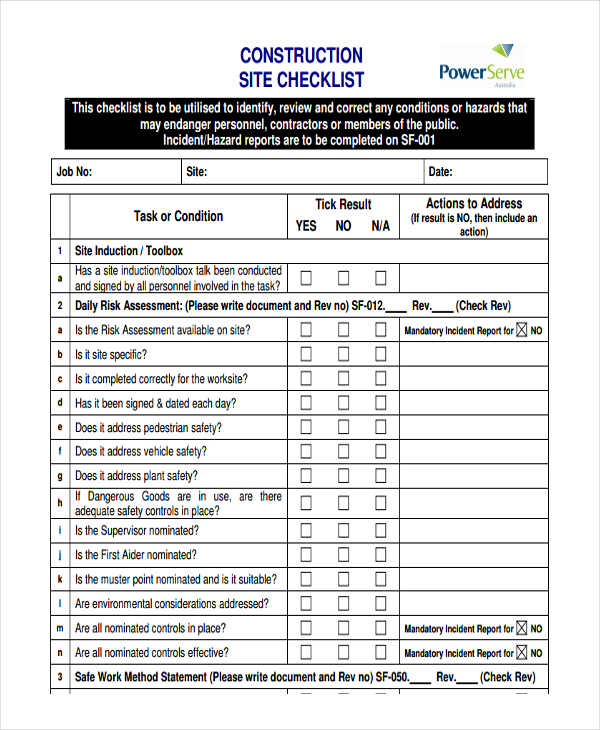 construction site checklist