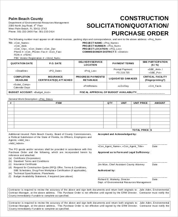 construction solicitation quotation purchase order