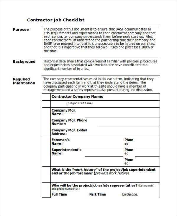 contractor job checklist