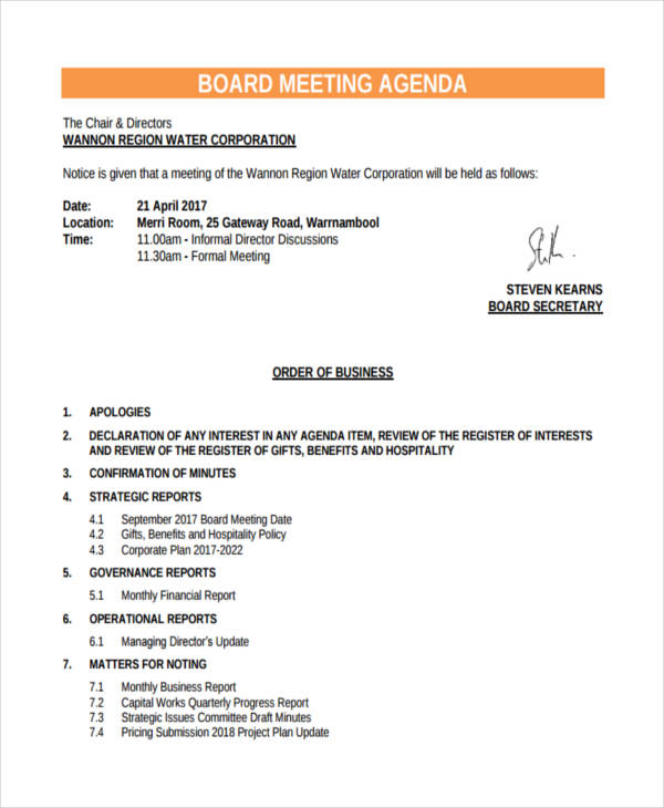 corporate board meeting agenda