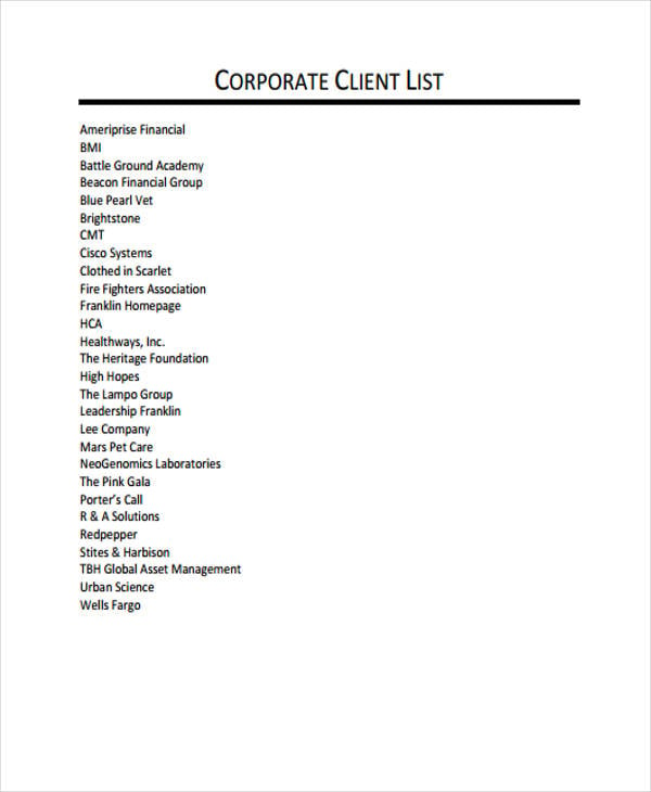 corporate client list