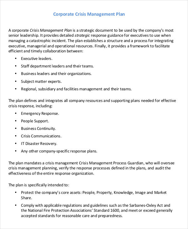 corporate crisis management plan