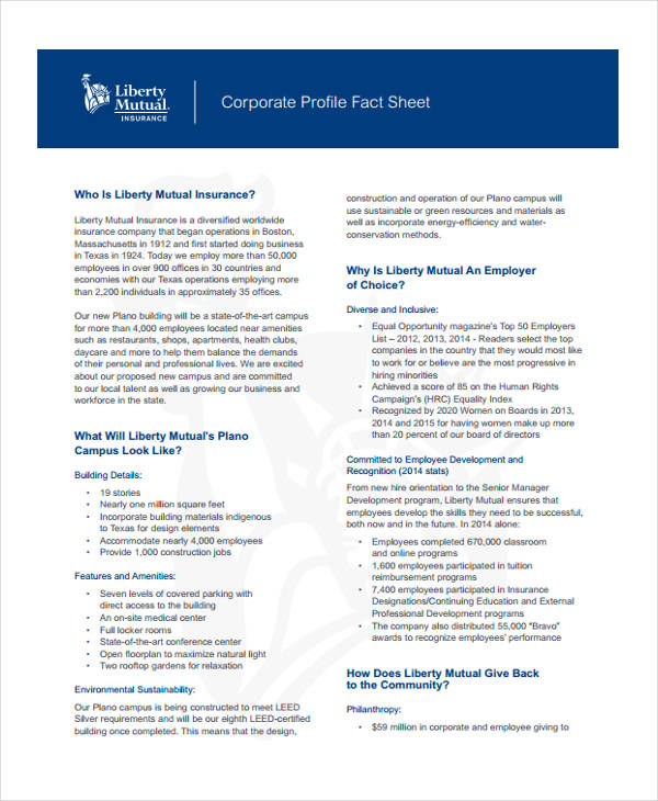 corporate profile fact sheet