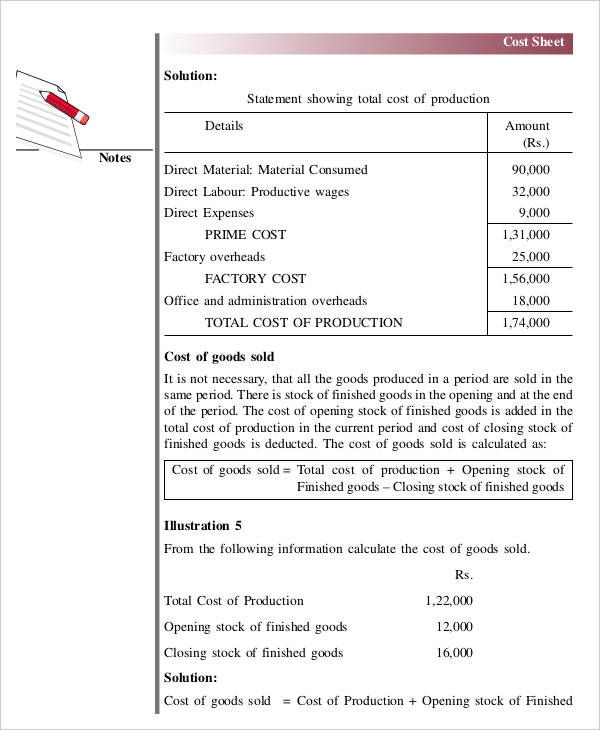 cost sheet for product