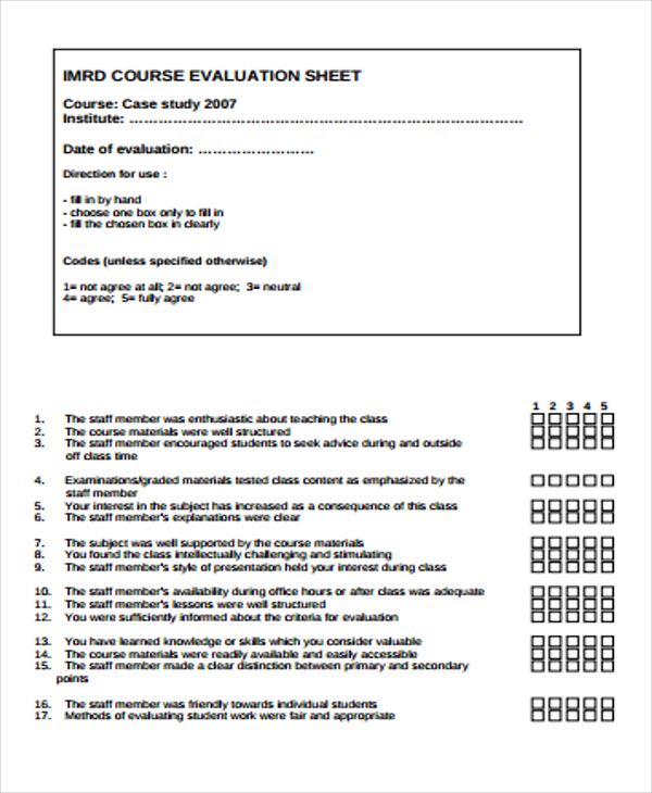 course evaluation sheet