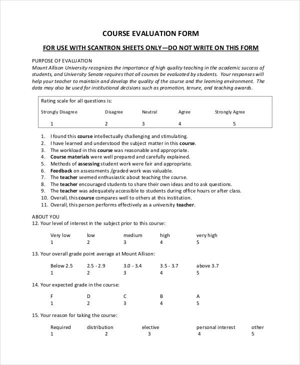 course evaluation sheet