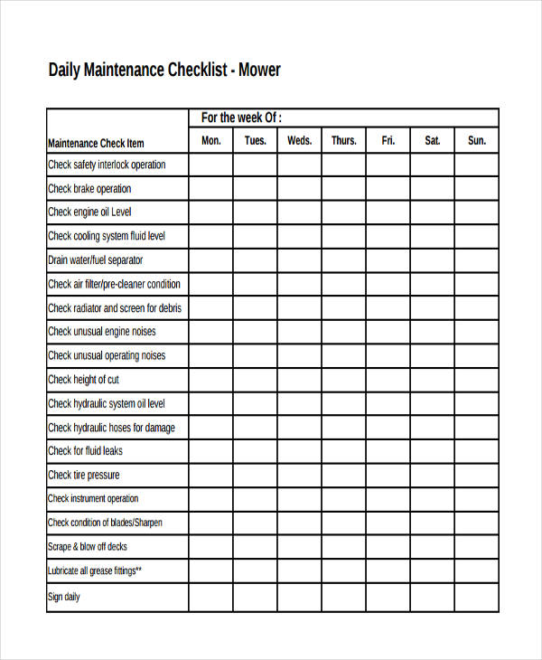 Daily Maintenance Checklist