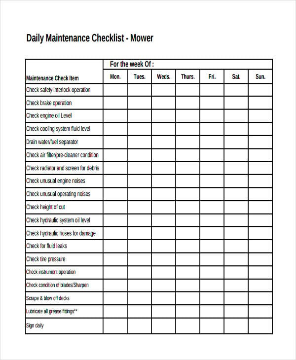  Daily Maintenance Checklist Template