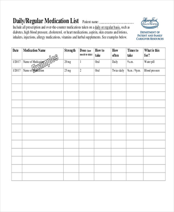 Printable Medication List Template Free