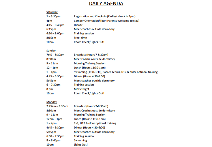daily residential camp agenda