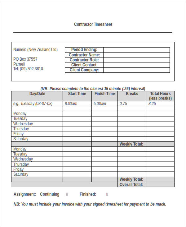 daily timesheet for contractor