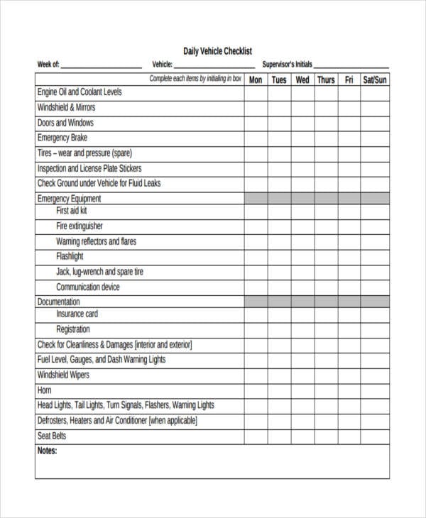Printable Daily Vehicle Inspection Checklist Template Free Printable Templates