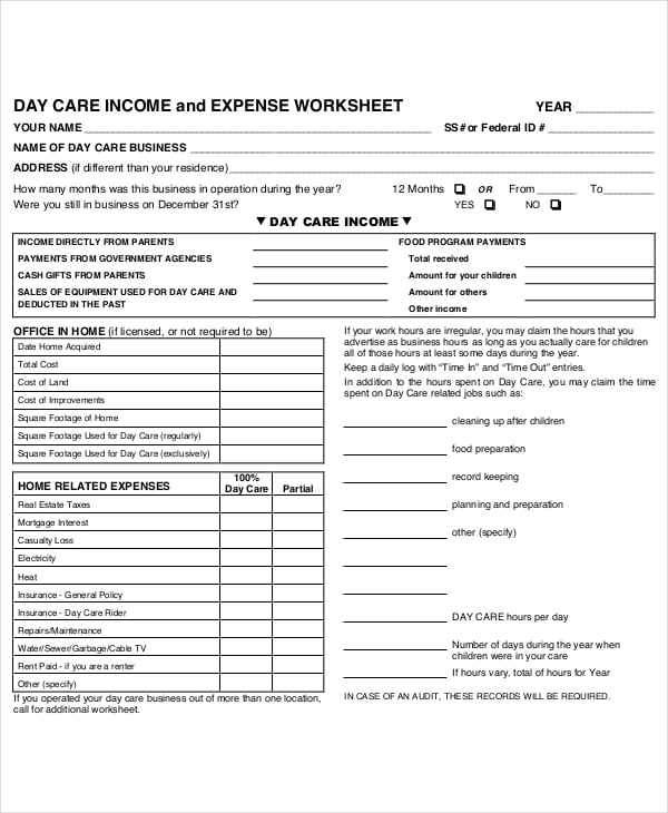 daycare blank expense sheet