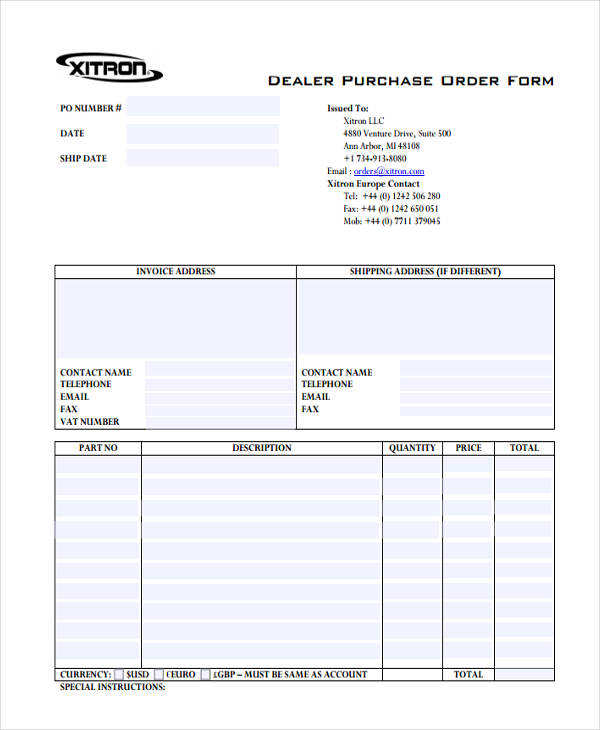 11 Purchase Order Forms Free Samples Examples Formats Premium Templates