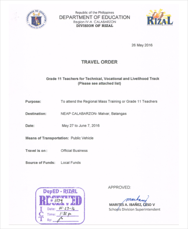 travel assignment order