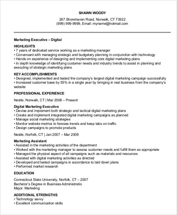 digital marketing executive resume