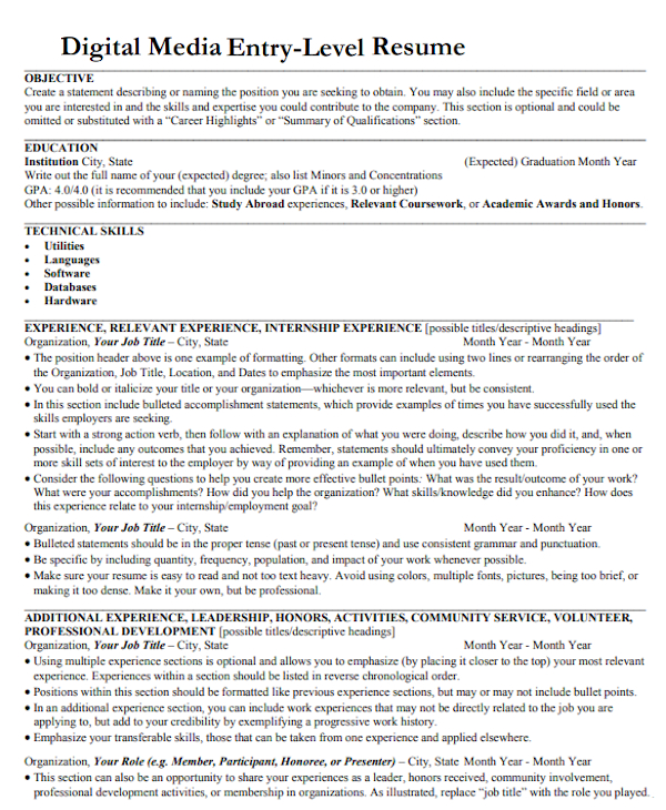 digital media entry level resume