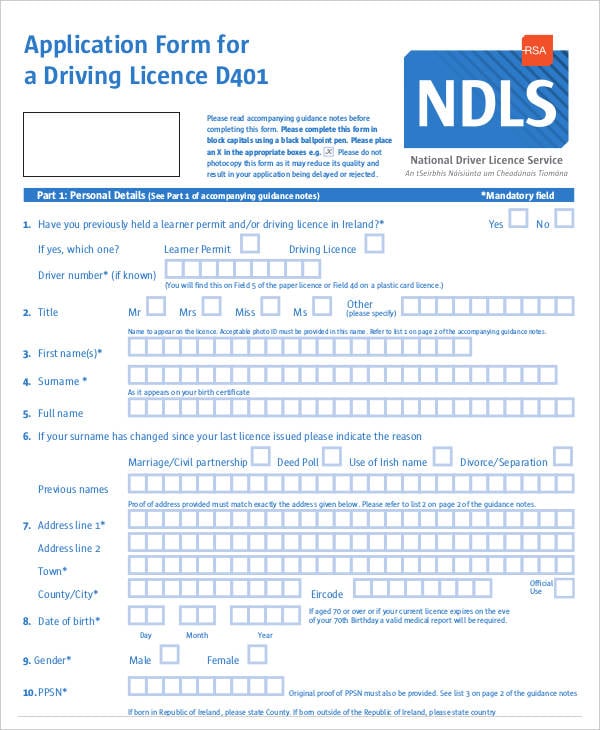 driving license application form