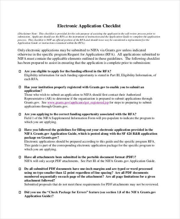 electronic application checklist