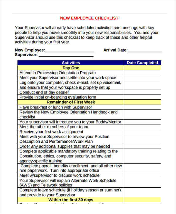 Employee Checklist Template - 15+ Free Samples, Examples Format Download