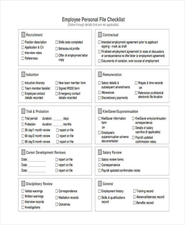 Employee Checklist Template 15 Free Samples Examples Format Download