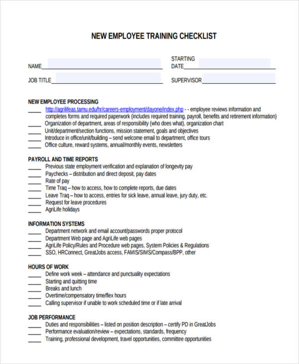 employee training checklist