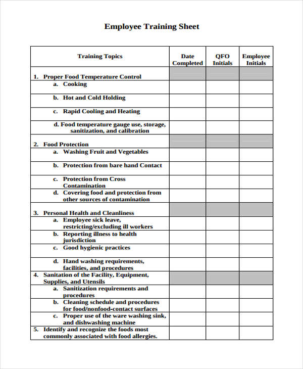 employee training sheet