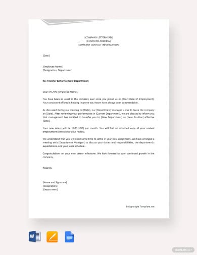 employee transfer letter from one department to another template