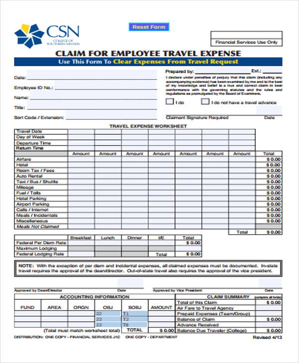 employee travel expense sheet