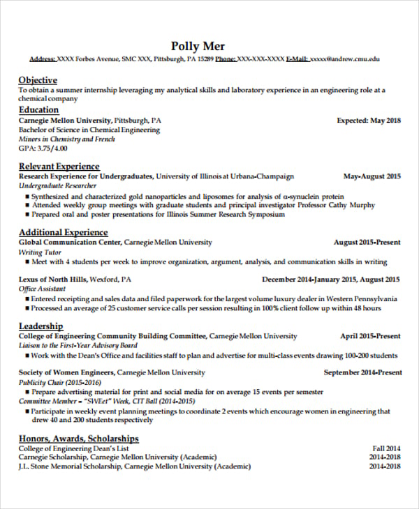engineering internship resume sample