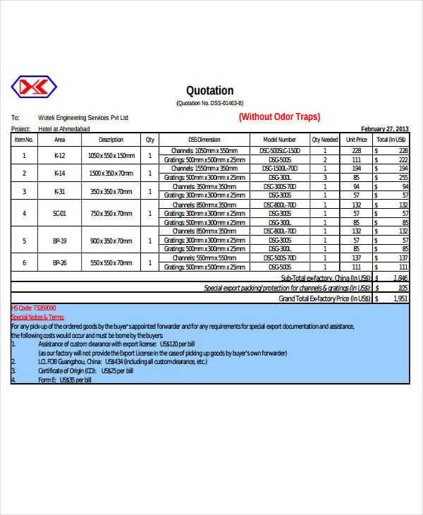 engineering services quotation template