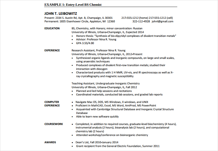 entry level bs chemist