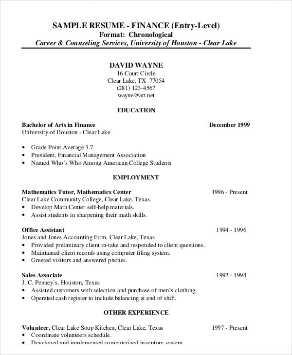 entry level finance resume examples
