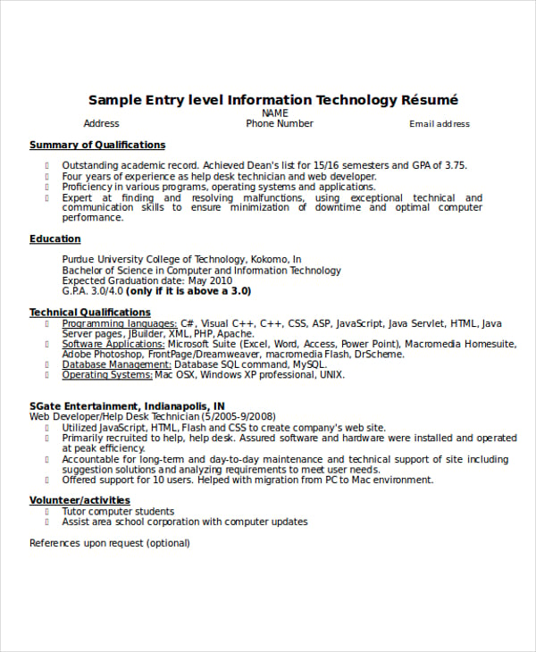 sample resume entry level information technology