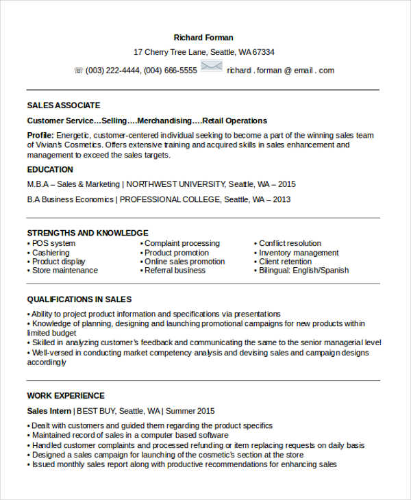 entry level sales associate resume