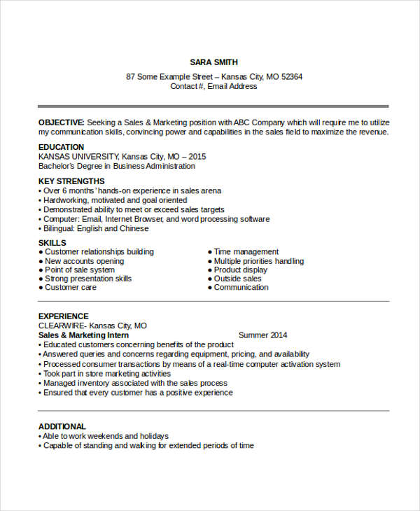 entry level sales and marketing resume