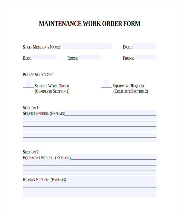 equipment maintenance work order