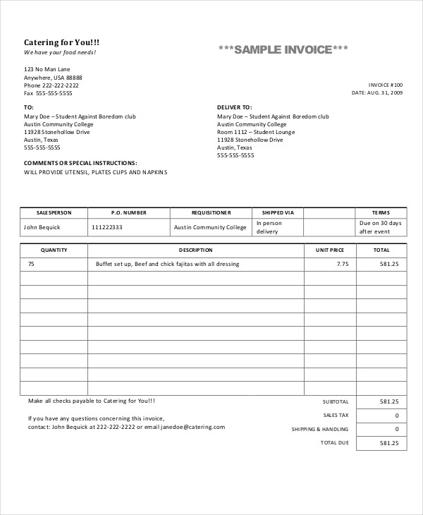 catering invoice templates  10 free word pdf format