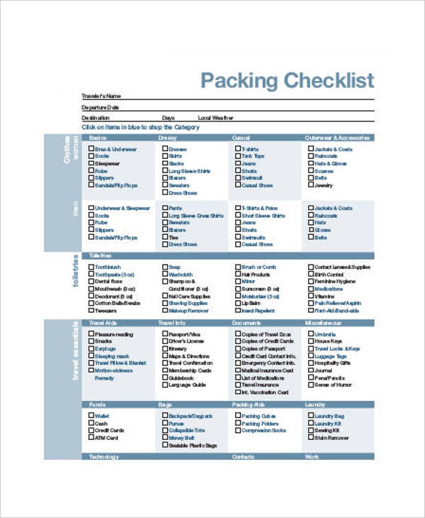 example of packing checklist