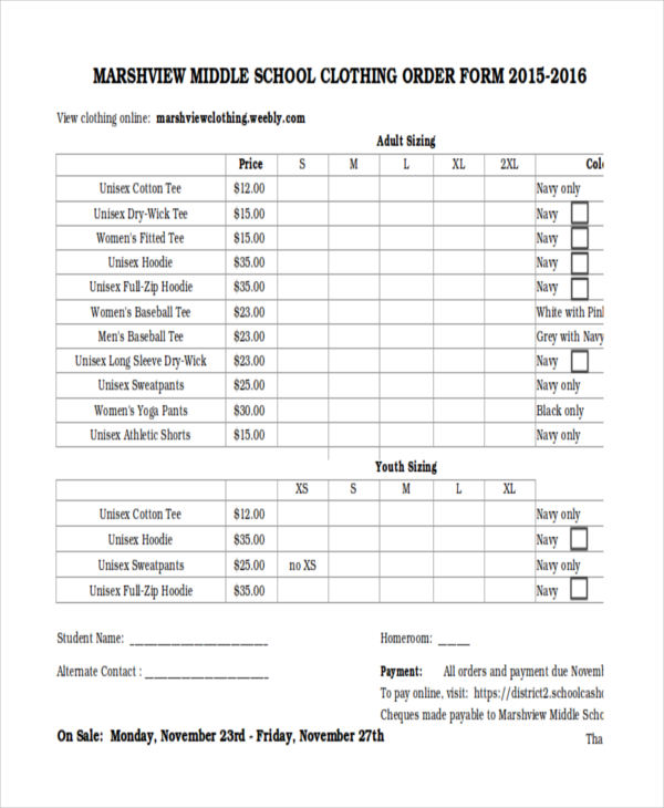 Clothing Order Form Template Excel - Printable Word Searches