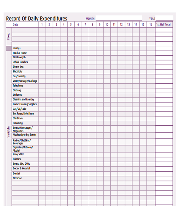 monthly expenses list template