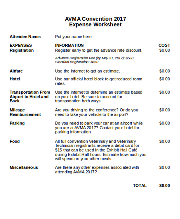 expense work sheet