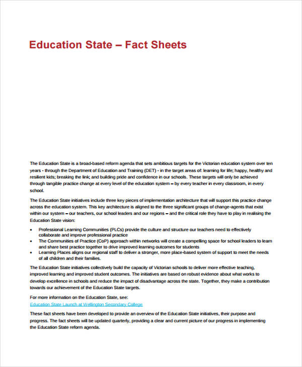 fact sheet for education example
