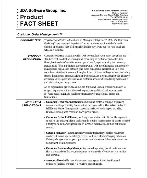 fact sheet for software product