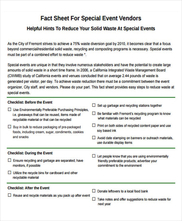 fact sheet for special event