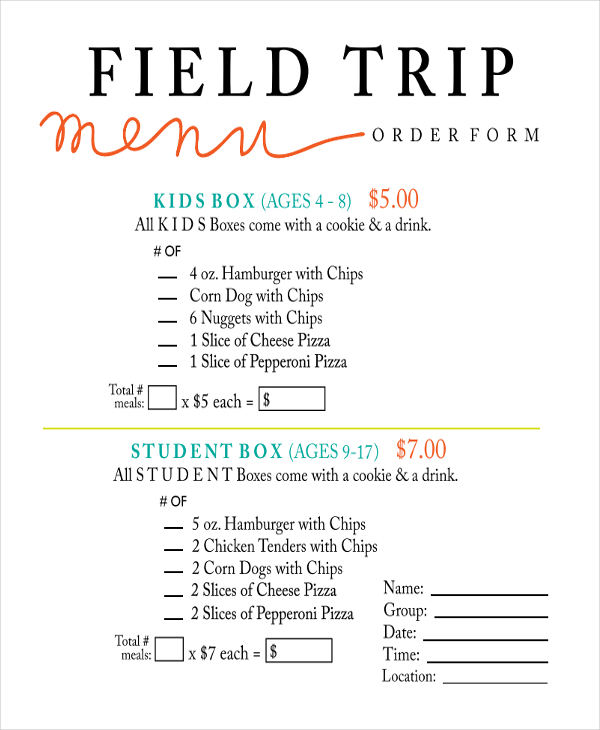 field trip menu order form